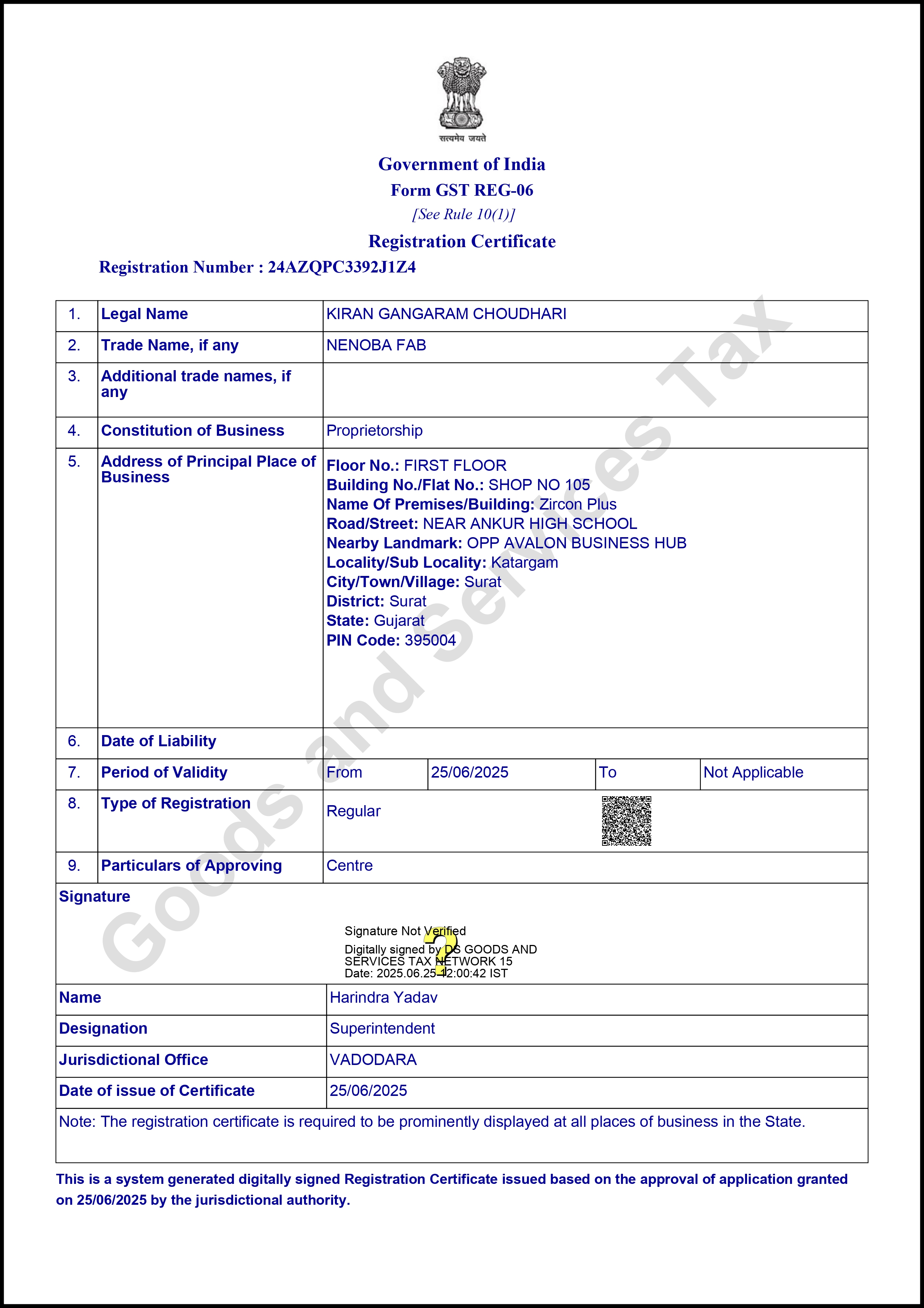 Goods and Services Tax (GST) Certificate